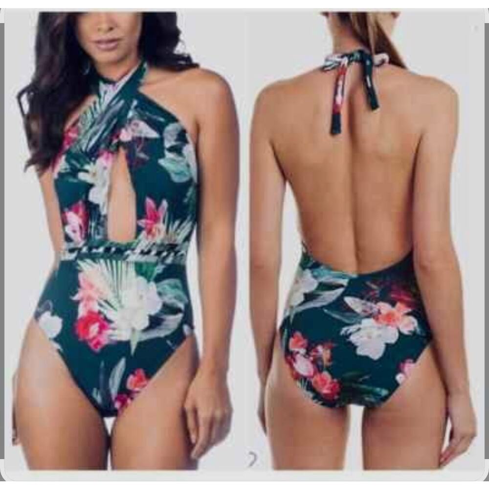 La Blanca Womens Plunge Wrap Swimsuit The Jungle Print Green Floral Size 14